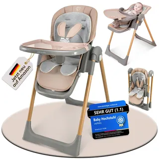 LepiBaby FlexiCo Hochstuhl Baby mit Liegefunktion & Neugeborenenaufsatz, Klappbar & Höhenverstellbar | Kinderstuhl Kinderhochstuhl Babystuhl | Mitwachsend Kind ab Geburt, 1-3 Jahre | Beige