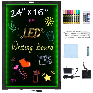 Vevor LED-Nachrichtenschreibtafel, 24 x 16 Zoll große, beleuchtete, löschbare Kreidetafel, Menüschild mit Neoneffekt, Zeichentafel mit 8 fluoreszierenden Kreidemarkern und Fernbedienung, getestet nach UL-Standards