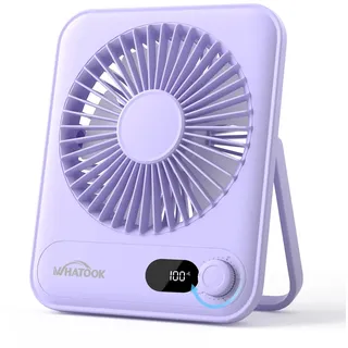 WHATOOK Leiser USB-Tischventilator: Stufenlos 1-100 Regler, 2000mAh Akku Tragbarer Lüfter mit LED-Anzeige, Sicher für Kinder/Haustiere, Ultra-Kompakt für Büro, Zuhause, Küche, Reise(Lila)