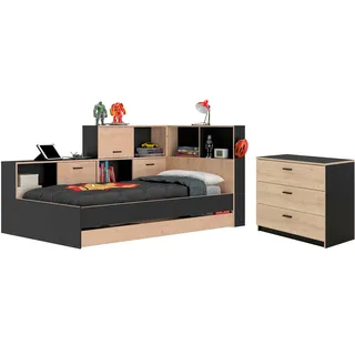Gami Jugendzimmer-Set GAMI "Erwan", schwarz (kastanie natur, schwarz), B:120cm H:104cm T:221cm, Holzwerkstoff, Schlafzimmermöbel-Sets, Ideal für Kinder- und Jugendzimmer