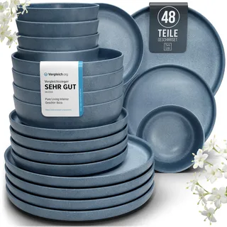 Steingut Geschirrset 12 Pers. 48-tlg Hochwertiges Urban Style TEST SEHR GUT Steingut Geschirr Set - Schüssel- und Teller Set - Tafelservice 12 Personen Geschirrsets Pure Living in matt Blau