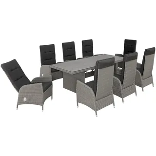 KONIFERA Garten-Essgruppe Brisbane, (Set, 17-tlg., inkl. Auflagen, 8x Sessel, 1x Tisch 225x100x75, Aluminium/Polyrattan), Rückenlehnen verstellbar, Tischplatte aus Stone-Spray-Glas grau