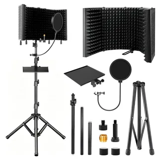 Mikrofon Isolation Schallschutz mit Pop Filter, Tripod Stand Mic Filter | Framed Acoustic Foam Box for Recording, High Density Absorber Schaum, Einstellbar Mic Isolation Schild for Sound Absorbing