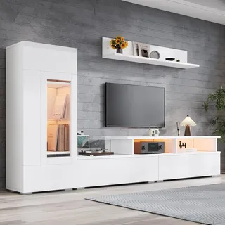 Merax Wohnwand 3-Teilig Set, Wohnzimmer Möbel Set Hochglanz mit LED, 1 x TV Lowboard, 1 x Wandregal, 1 x Vitrine Hängend oder Stehend, Wohnzimmermöbel Komplett, Elegante Schrankwand Mediawand, Weiß