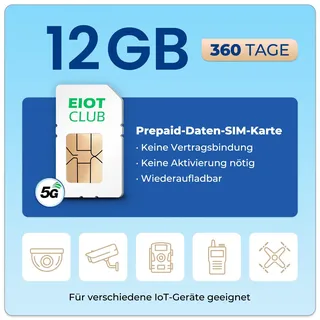 EIOTCLUB 12GB Daten SIM Karte 360 Tage – IoT Prepaid Internet SIM für Kamera, Router, Alarmanlage | 4G LTE/5G | Ohne Vertrag, Ohne Registrierung | Vodafone O2 Netz | Deutschland & EU