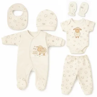 Blue Eyes Neugeborenen Baby Geschenk Set – 6-teiliges Erstausstattungsset aus 100% Natürlicher Baumwolle, Oeko-Tex Zertifiziert, Weiches Unisex Erstlingsset für Babys 0–4 Monate (Lamm)