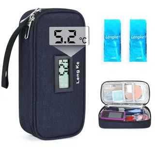 YOUSHARES Insulin Kühltasche mit Temperaturanzeige, Insulin Pen Tasche mit 2 TSA-Kühlakkus – Medikamenten Kühltasche für Reisen, Diabetes Tasche für Spritzen und Zubehör (Dunkelblau)