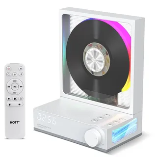 HOTT CD-Player Tragbar mit Fernbedienung, Bluetooth 5.3 Desktop mit RGB-Lichtern, HiFi Lautsprecher, TF-Karten-Unterstützung, Transkription, LED-Bildschirm, Timer (Weiß)