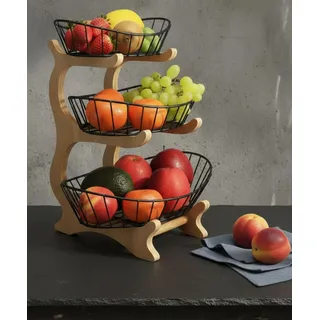 Wiedone Obstkorb Etagere auf 3 Etagen aus Holz, Obstschale, Design Obst Etagere Küche, Brotkorb und Servierkorb für die stilvolle Aufbewahrung auf der Arbeitsplatte, Obst Aufbewahrung, Farbe schwarz
