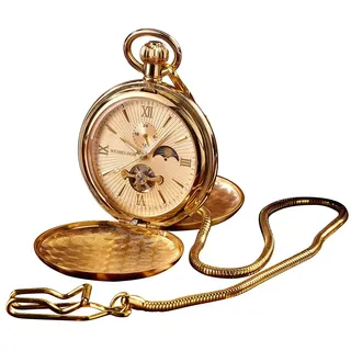 Wesseldon Automatik-Taschenuhr Esprit du Temps – Goldfarbenes Metall, Sprungdeckel, Mineralglas, 24 Stunden/Tag-Nacht-Anzeige, Stundenindizes, Fluoreszierende Zeiger
