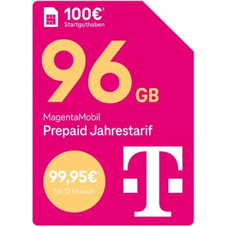 Telekom MagentaMobil Prepaid Jahrestarif 96 GB (8 GB/Monat) I Surfen mit 5G/ LTE Max & Allnet Flat (Min, SMS) in alle dt. Netze I Datenmitnahme I Basic Roaming & Hotspot Flat I 100 EUR Startguthaben