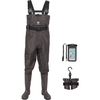 TIDEWE Bootfoot Wathose Wathose 2-lagig Nylon/PVC Wasserdicht Angeln Jagd Wathose mit Stiefelaufhänger für Damen und Herren Braun Größe 42