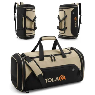 Tolaccea Sporttasche 56–70L für Herren & Damen – Erweiterbare Reisetasche mit Schuhfach & Nassfach, als Rucksack tragbar, für Fitness, Gym, Schwimmen, Fußball, Reisen (Hellkhaki)