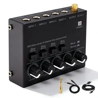 4-Kanal Audio Mixer, Stereo Audiomischer, Aktiver Mischer Mit 6,35-Mm-Audiokabel Und 3,5-Mm-Auf-6,35-Mm-Adapter, 4-Kanal-Stereo-Audio-Mixer Mit 4 Eingänge Und 1 Ausgang Für Mikrofone, Gitarren, Bass