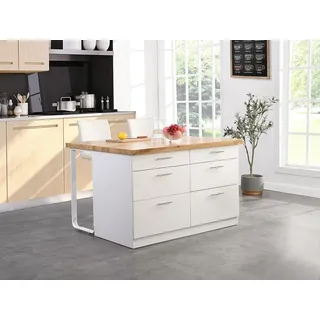 vente-unique Kücheninsel mit 6 Schubladen aus MDF & Metall - Weiß & Holzfarben hell - ALEGRITA
