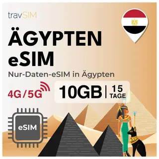 travSIM eSIM Ägypten 10 GB Daten 15 Tage 4G/5G Prepaid Reise | Einrichtung per QR-Code | Hotspot verfügbar | Nur Internet, ohne Telefonnummer | Anrufe über WhatsApp & Skype