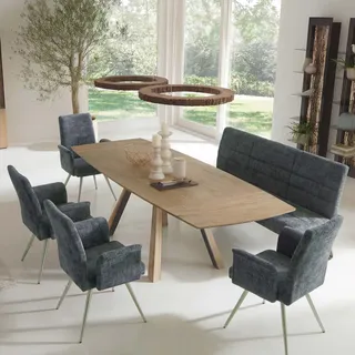 MCW Esszimmer-Set MCW-G55, 4er-Set Stuhl mit Armlehne+Sitzbank 180cm, Edelstahl gebürstet Stoff/Textil Chenille blau-grün