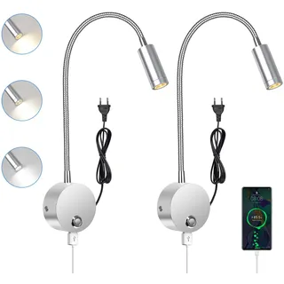 ERWEY 2 Stück Leselampe Bett, Leselampe Wand mit Touch Dimmbar 3 Farben, 360° Flexibel Schwanenhals lampe mit USB und Stecker, Bettlampe Leselicht für das Bett, Silber