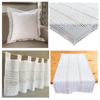 heimtexland Scheibengardine Deko Set Häkelspitze Gardine Kissen Tischdecke (1 St), Schlaufen, blickdicht, Boho Scheibengardine Makramee Spitze Häkel Bistrogardine weiß 120 cm x 60 cm