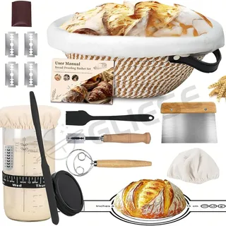 kixiyou 10-teilig Gärkorb Brot Set, 23 cm Gärkorb rund und Komplettset Backzubehör, Gärkörbchen für Brot brot backen Einsteigerset für Anfänger