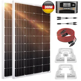 Rhein Beleuchtung Solarmodul 300W 12V Solaranlage Komplettset mit Solarpanel - Monokristallin, 300 W, Monokristallin, (Set, 1-St., Solarmodule für Garten/Haus/Camping - Einfache Montage), IP65 + MPPT Regler - Ideal für Wohnmobil Komplettset silberfarben