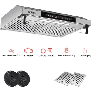 KB ELEMENTS Dunstabzugshaube unterbau 60cm, unterbauhaube 60 cm, 650 m3/h, Touch- und Gestensteuerung, Doppelter motor, Abluft, Umluft - Silber