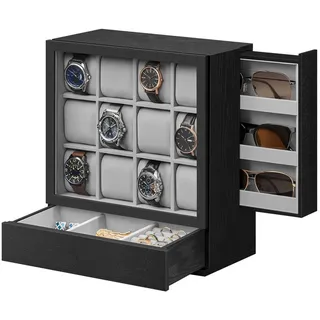SONGMICS Uhrenbox, Uhrenbox 12 Fächer, Uhrenkasten, vertikale Aufbewahrung, Geschenkidee schwarz