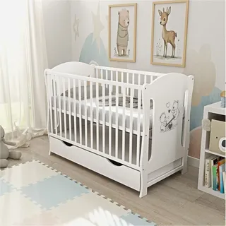 Baby-Delux Babybett Kinderbett Lia 120x60 Weiß Teddy Motiv mit Schublade und Matratze - Weiß