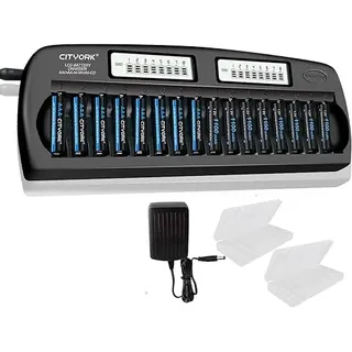 CITYORK Akku Ladegerät mit AAA Akku 16 Stück, für AA, AAA NI-MH/NI-CD wiederaufladbar Batterien, 16 Slot LCD Anzeige Akku Ladegerät Set