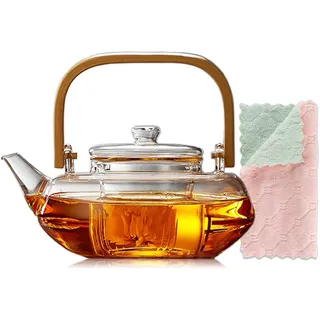 Glas-Teekanne Mit Sieb für Losen Tee, Sicher auf dem Herd, Bambusgriff, 800 ml