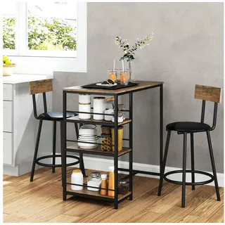 Homcom Bartisch mit Barhocker Set, Bartisch-Set für 2 Personen mit 2 Gepolsterten Barstühlen, Rückenlehne, Küchentisch mit 3 Ablagen, im Modern-stil, Bartheke für Esszimmer, Küche, Stahl, Eiche
