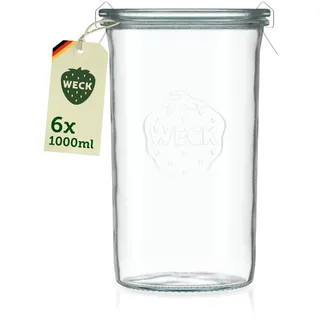 Weck Gläser 1000ml – 6er Set mit Deckeln – Sturzform – robuste, stapelbare Vorratsgläser- & Einweckgläser - ideal für Meal Prep, Sauerteig & Fermentieren – Made in Germany