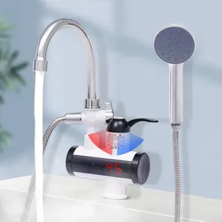 3300W Elektrischer Wasserhahn Set mit Handbrause Schnelle Heizung LED-Temperaturanzeige 30-60°C (schwarz+silber) für Bad