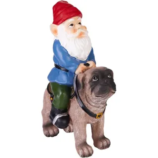 Brubaker Gartenzwerg mit Hund - Zwerg reitet mit Sattel auf Mops - Gartenfigur Lustig - Dekoration Wetterfest für Garten Campingplatz Hundebesitzer - Gartendeko für außen - 26 cm groß