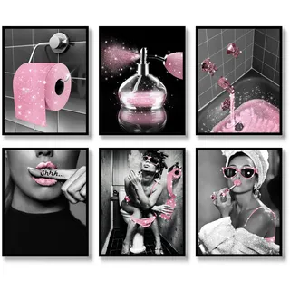 Fashion Wall Art Badezimmer Wanddekoration - Set mit 6 Schwarzen und Weißen Glam Glitter Leinwand Poster Fotos - Moderne Frauen Lustige Kunst für Badezimmer (Rosa)