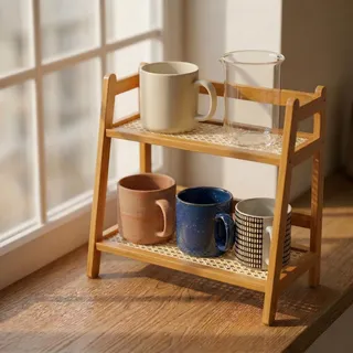 Mirriverse Küchenregal Arbeitsplatte 2-Stufig, Bambus Becherhalter & Acryl Tassenregal, Kaffee Organizer, Stehend Gewürzregal, Matcha-Ständer, Aufbewahrung für Tee, Dunkelbraun, 39 x 18 x 29 cm