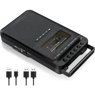 Tragbarer Kassettenspieler Kassettenrekorder,Aufnahme auf Kassetten/USB/SD-Karte über Mikrofon, Kassette zu MP3-Musik über USB/SD-Karte/PC, Kassettenrekorder mit ausziehbarem Griff (Schwarz)