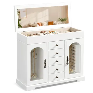 Emfogoo Schmuckkästchen, Rustikales Holz Groß Schmuckkasten Organizers mit Spiegel, Schmuckaufbewahrung, 6 Ebenen Schmuckbox für Ringe, Ohrringe, Halsketten, Armbänder (Verwittertes Weiß)