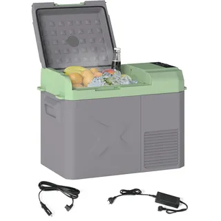 Outsunny 24,2 Liter Kühlschrank Kompressorkühlbox mit LED ECO-Modus USB-Anschluss Kühlfunktion -20°C bis 20°C, leise Tragbarer Kühlschrank Mini Gefrierschrank 12/24/230V für Auto LKW Camping Grau Grün