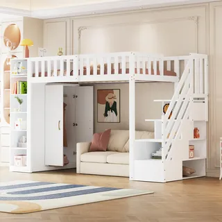 Merax Hochbett 90x200 cm, Kinderbett mit Kleiderschrank, Stauraumschrank, platzsparendes Kinderhochbett für Kinderzimmer, Weiß (ohne Matratze)