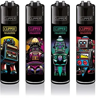 Clipper Classic Original Feuerzeug Feuerzeuge - Retro Wave Robots - 4er Set + Clipper DHOBIA Feuerzeug LMC157