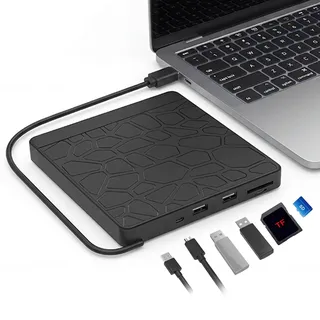 Zevmi Externes CD/DVD Laufwerk – USB 3.0 Type-C DVD-Brenner mit SD/TF-Leser | Externer DVD Brenner mit USB Anschlüssen für Laptop, Desktop, MacBook, Windows 11/10/8/7, Linux und Mac OS Vista