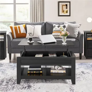 Yaheetech Couchtisch höhenverstellbar, Kaffeetisch, Wohnzimmertisch mit Ablagefach, Sofatisch, Beistelltisch, Teetisch aus Holz, Schwarz - Schwarz