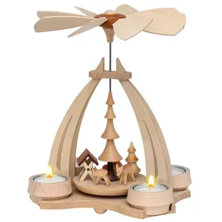 Dekohelden24 Tisch-Pyramide aus Buchenholz, Rehe mit Futterkrippe, ca. 24 cm.