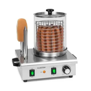 Klarstein Wurstfabrik Pro 550 Hot Dog Maker, 550W 2 Heizspieße, Temperaturregler 30-100 °c, Glaszylinder: Ø 20 cm, Edelstahlkäfig: Ø 17 cm, Edelstahlgehäuse,profi Würstchenkocher, Silber