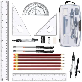 LATERN 20 Stück Geometrie Schulset Zirkel Set Lineal Set Quadrate Kompass + Winkelmesser Bleistifte Radiergummi Bleistifte Anspitzer Bleiminen Gelstift