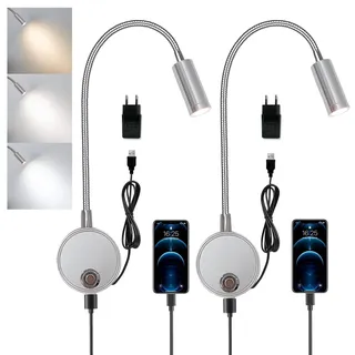 2 Stück Leselampe Wandmontage Dimmbar, Wandleuchte Bettlampe mit Touch Schalter und USB Ladeanschluss 360° Flexible Schwanenhals Lampe 3W LED Leseleuchte Wand Bettlampe für Schlafzimmer mit EU-Adapter