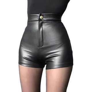 ORANDESIGNE Damen Sexy Leder Shorts Glanz Hohe Taille PU Lederoptik Kurze Hose Push up Lederimitat Kunstlederhose Hotpants