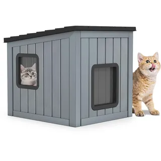 Costway Katzenhaus Outdoor Winterfest, Isolierte Katzenhütte für Winter, Katzenhöhle mit 2 PVC-Türen & geneigtem Dach, PP, für Katzen Hunde Haustier, 62,5 x 54 x 56,5 cm, Grau