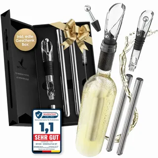 Beyond Weinkühlstab 6-teiliges Geschenk Set aus Edelstahl mit Ausgießer - Ideales Weinzubehör für Weinliebhaber I Weinkühler Set für Weißwein & Rotwein - Stab mit Dekanter - Zubehör für Weintrinker